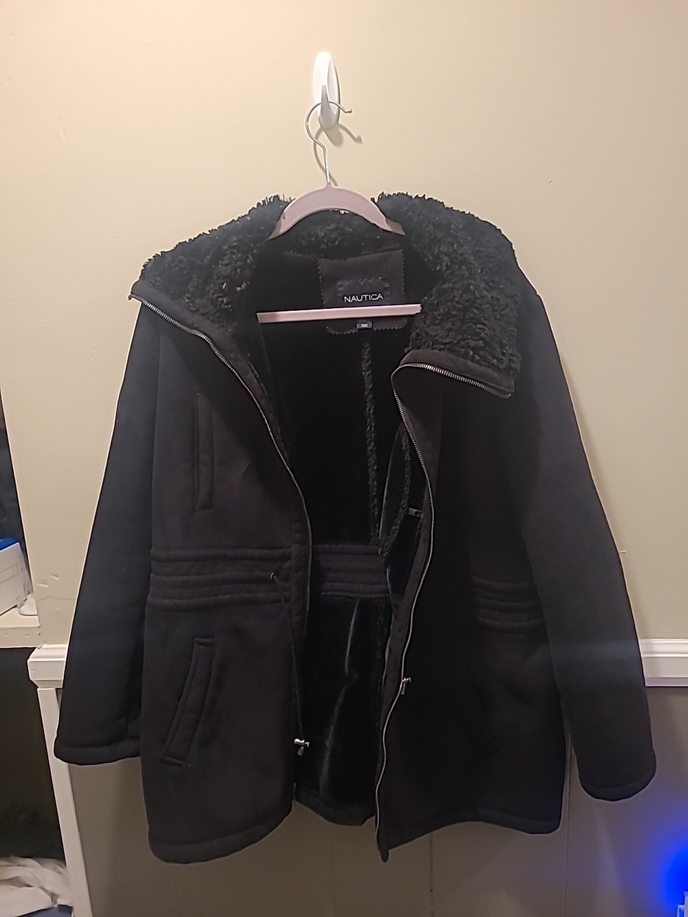 NAUTICA WOMENS COAT, FAUX-SHEARLING FUNNEL-NECK BLACK XL